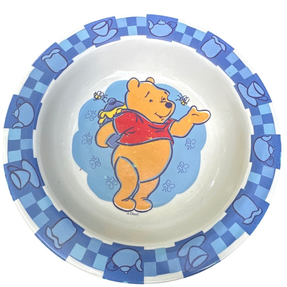 Zak Designs Disney Winnie the Pooh Melamine Bowl Blue Checkered Teapot Honey Bee